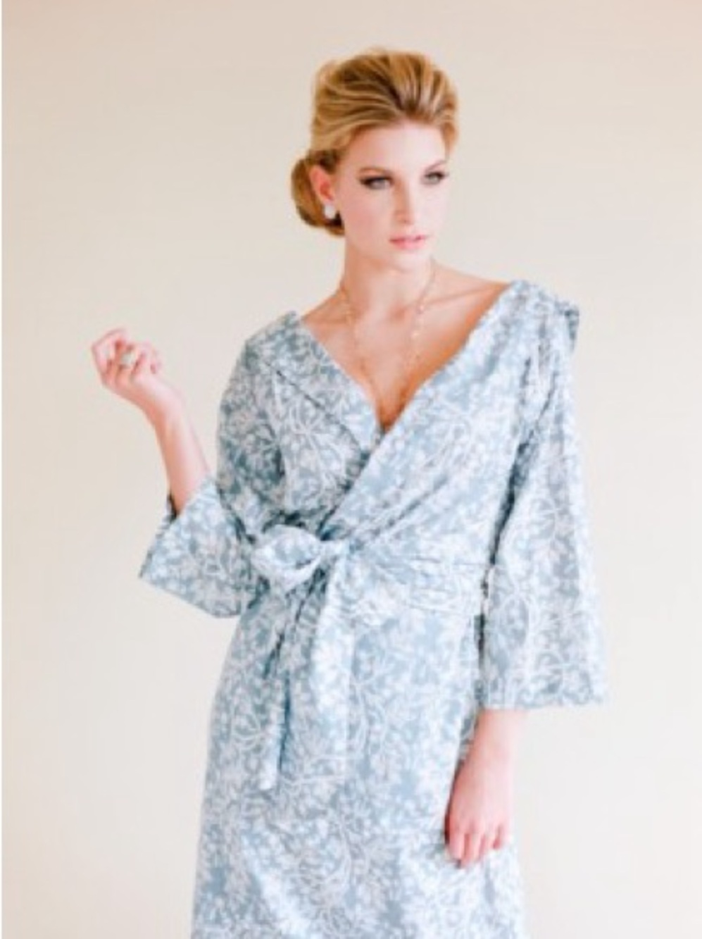 Plum Pretty Sugar Dusty Blue & White Floral Maxi Wrap Robe